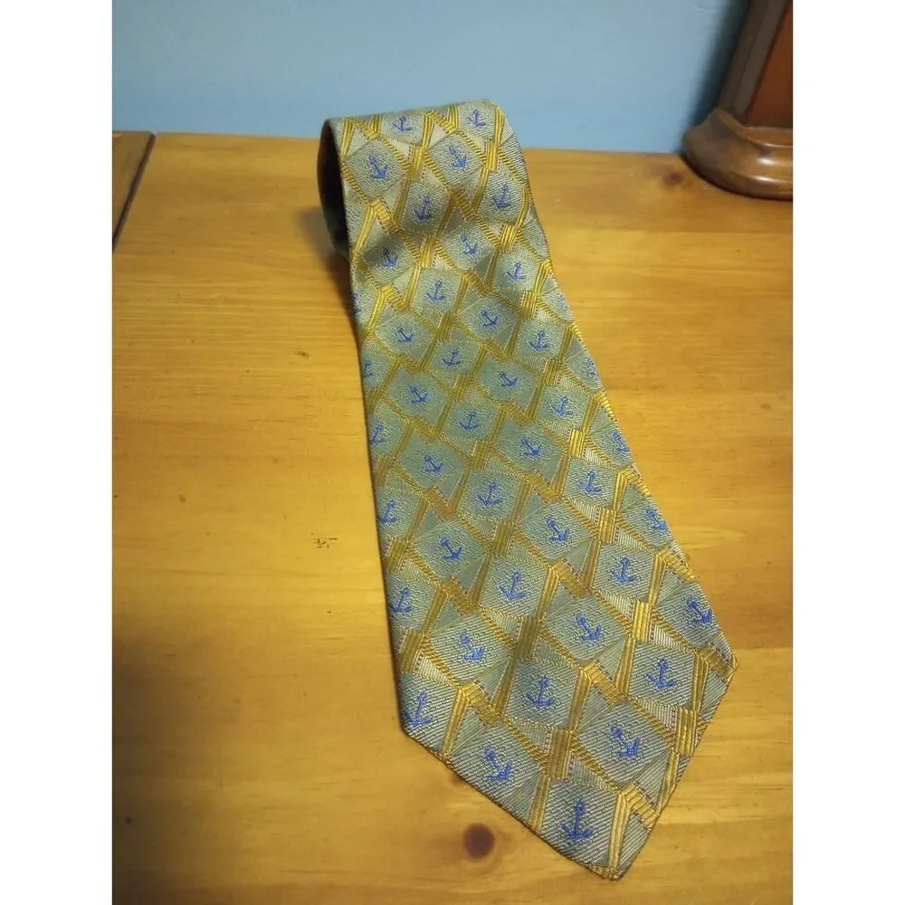 H. Stockton Atlanta NEW Neck Tie Silk Face‎ Gold and Blue Anchor Print